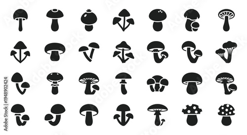 Black  White Mushroom Icons Set Glyph Style