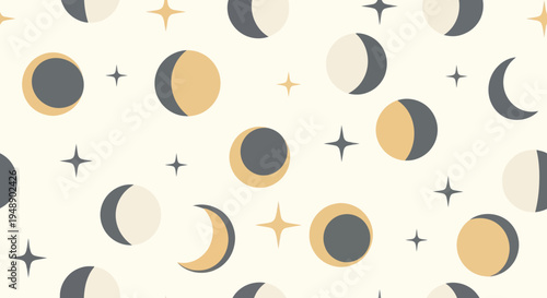 Celestial Moon Phases and Stars Seamless Pattern - Celestial Illustration