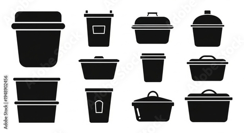 Collection of Black Silhouette Food Containers and Cups.