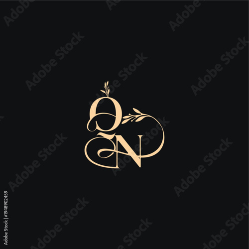 monogram elegant concept luxury feel with wavy line QN organic leaves wedding logo letter