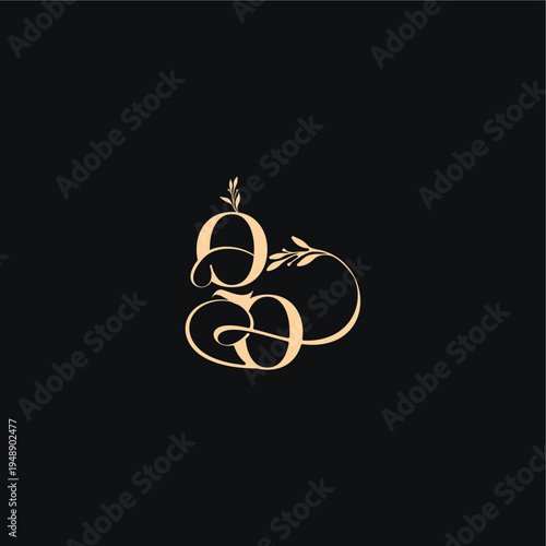 monogram elegant concept luxury feel with wavy line QO organic leaves wedding logo letter