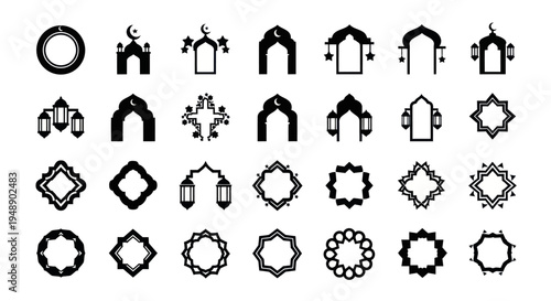 Islamic Geometric Patterns and Arches Icons, Ramadan Symbols, Black and White