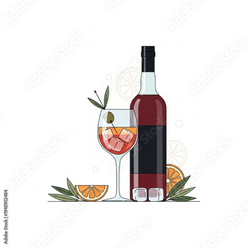 Stylish Vermouth Glass with Olive Garnish Bottle Ice and Citrus Vector Illustration
