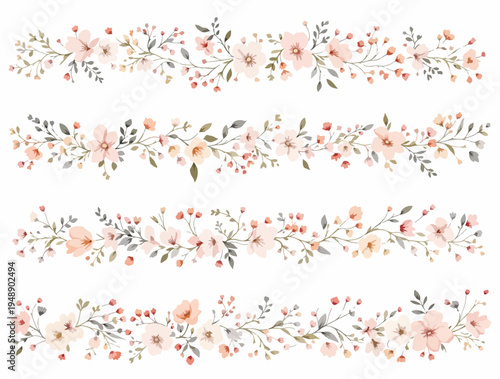 Delicate botanical frame borders with soft watercolor wildflowers and leafy stems.