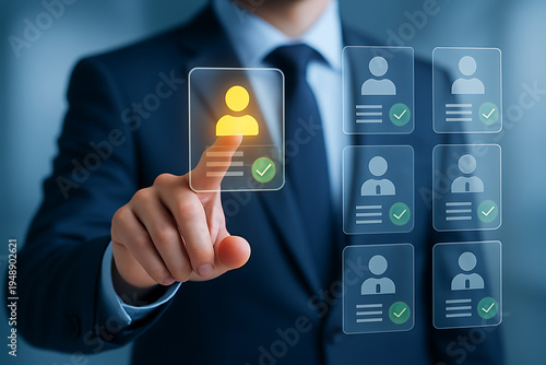 Employee recruitment selection business concept with businessman choosing job candidate digital profile and highlighting chosen resume option