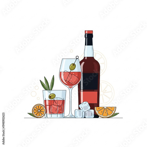 Stylish Vermouth Glass with Olive Garnish Bottle Ice and Citrus Vector Illustration