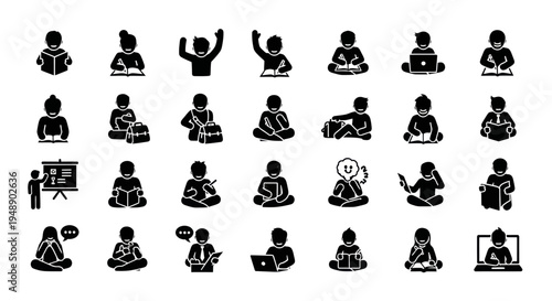 Education Icons: Students Reading, Learning, and Studying Black Glyph Set