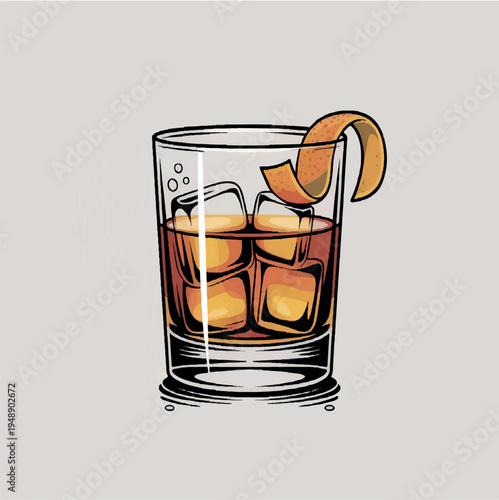 glass of whiskey with ice and cherry	