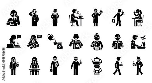 Coffee Break Icons: People Enjoying Coffee at Work and Leisure