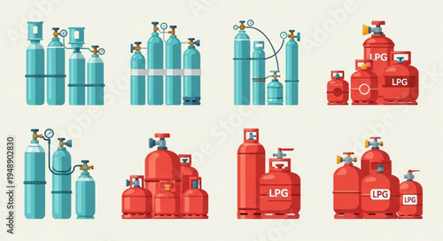 Collection of Gas Cylinders in Various Sizes and Colors.