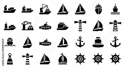 Nautical Icons: Ships, Boats, Lighthouse, Anchor, Wheel, Submarine in Glyph Style