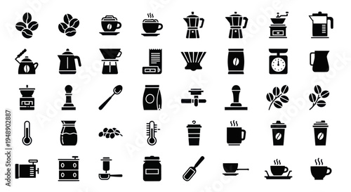 Black  White Glyph Icons of Coffee Making Equipment and Drinks