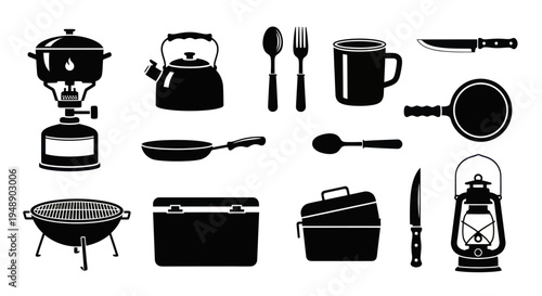 Camping Gear Icons: Stove, Kettle, Grill, Utensils, Lantern, Black and White