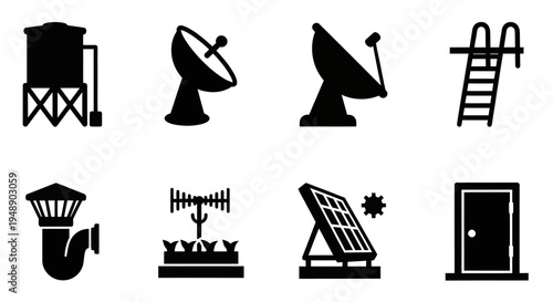 Black  White Icons: Water Tower, Satellite Dish, Ladder, Solar Panel, Chimney, Antenna, Door
