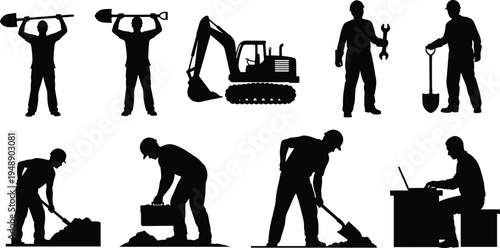 Construction Workers Silhouette Set Builders with Tools Excavator and Labor Activities Industrial Worker Collection Vector Illustration Isolated