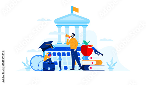 Flat design illustration of university education concept with students, teacher, books, and academic symbols.