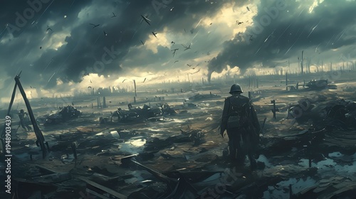 Solitary Soldier Amidst Devastation in a Post-Apocalyptic Landscape
