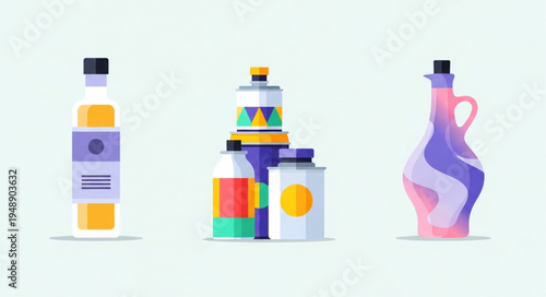 Assortment of Colorful Bottles and Containers for Various Liquids.