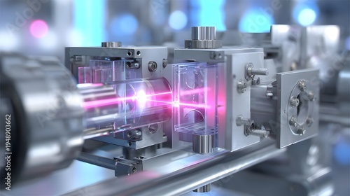 Complex high energy beams of light and spectral patterns flow and interact representing advanced scientific analysis and abstract energetic phenomena in a detailed minimalist setting