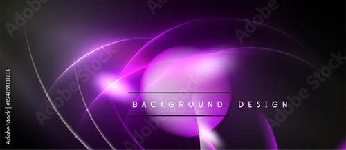 Abstract purple neon lines create dynamic background. Bright glow radiates from central point, forming swirling shapes. Modern design element.