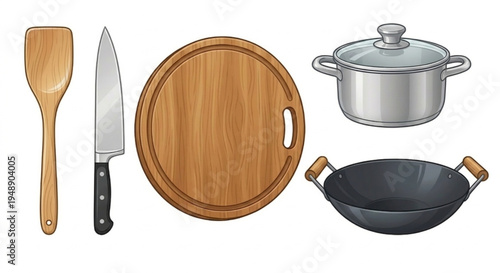 Vector illustration of professional kitchen utensils with wooden spatula knife and pot