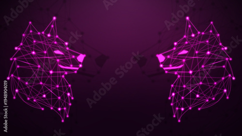 Neon Polygonal Wolf Network Technology Background, Futuristic Low Poly Neon Wolf Digital Art, Abstract Cyber Wolf Wireframe Tech Illustration, Glowing Geometric Wolf Head Technology Background