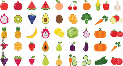 Fresh fruits and vegetables collection with apple, watermelon, pineapple, broccoli, carrot, cucumber, grapes, and healthy organic food vector illustration set