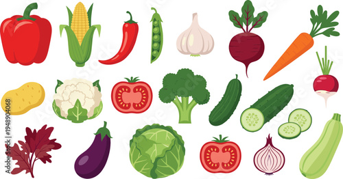 Fresh vegetables collection with bell pepper, corn, carrot, broccoli, cucumber, eggplant, cabbage, garlic, and organic healthy food vector illustration set