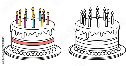 Vector illustration of birthday cakes with lit candles, featuring both a colorful flat design and a black and white outline version for coloring books.
