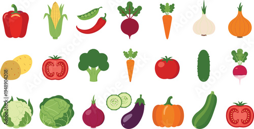 Fresh vegetables collection with tomato, carrot, broccoli, cabbage, onion, pumpkin, cucumber, corn, and organic farm produce vector illustration set
