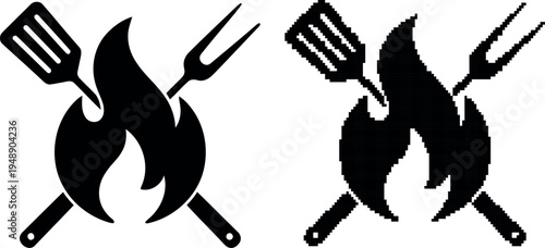 Black silhouette of grilling tools with flames ideal for summer designs on transparent background