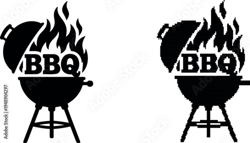 Black silhouette of a barbecue grill with flames and lettering on transparent background
