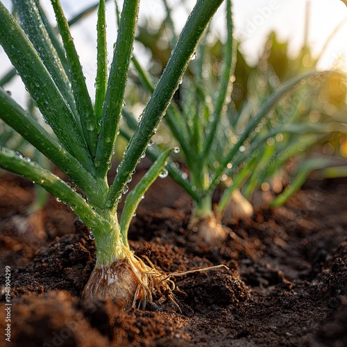 Close-up of vibrant green onion plants growing in dark soil with glistening water drops