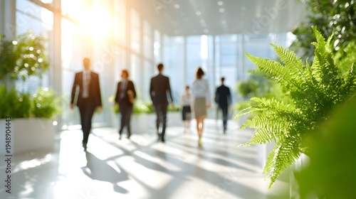 Professionals walk through a sunlit modern office lobby featuring large and lush green plants creating a bright atmosphere of teamwork and corporate innovation