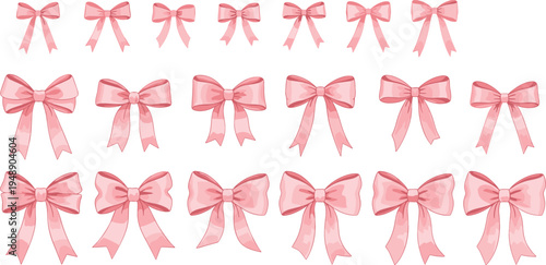 Pink ribbon bows collection with elegant decorative gift ribbons, feminine bow knots, and romantic design elements isolated vector illustration set