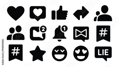 Social media engagement icons set with hearts thumbs up comments notifications on white background for digital communication