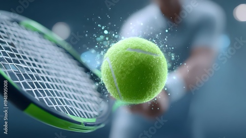 Intense action shot of a green padel ball being smashed with extreme force against a racket showcasing motion blur dispersed particles and dramatic studio lighting on a clean blurred background