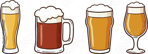 An assortment of four different illustrated beer glasses showcasing varied styles and foam levels on transparent background high-quality professional detailed modern