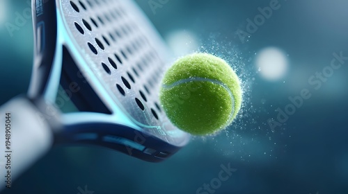 Dynamic close up of a green padel ball smashed by a modern racket  Deformation particles and motion blur show speed and athletic power  Dramatic studio lighting and blurred blue background