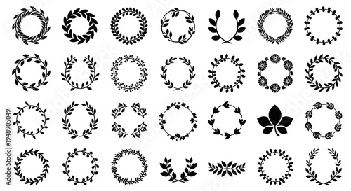 Black  White Laurel Wreath  Leafy Garland Icons - Nature  Decoration