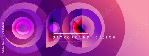 Abstract circles overlap, creating vibrant purple, pink gradients. Text reads background design within central shapes. Modern, dynamic composition.