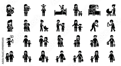 Family Icons - Parents with Children, Baby, Love, Care, Childhood
