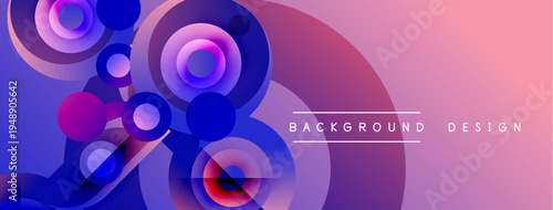 Abstract circles, vibrant colors, gradient background. Modern design elements create dynamic visual composition. Purple, blue hues dominate.