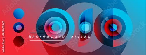 Abstract colorful design features overlapping circles, gradients. Red, blue hues dominate composition, creating dynamic visual effect.
