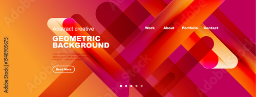 Abstract geometric background design. Vibrant orange, red gradients create modern website header or banner. Includes navigation options, text areas.