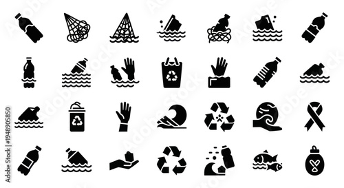 Plastic Pollution Icons - Ocean, Recycling, Nature Conservation, Environment