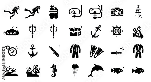 Nautical and Scuba Diving Icons Set, Black and White Glyphs