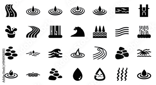 Water Icons: River, Drop, Wave, Waterfall, Rocks, Splash, Glyph Set