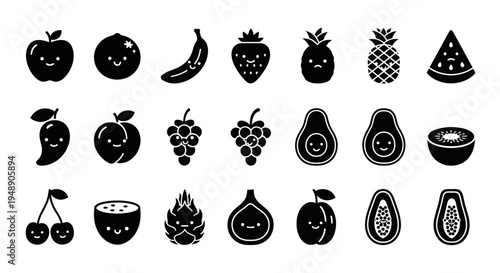 Black and White Fruit Icons Set, Kawaii Style, Food Icons