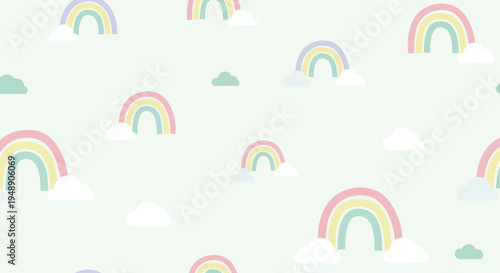 Cute Pastel Rainbows and Clouds Seamless Pattern, Children's Vector Art
